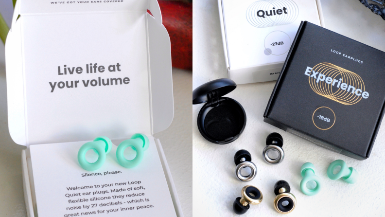 Loop earplugs in color(s) mint green, silver/black and gold/black next to black and white box packaging.