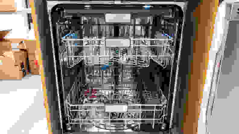 A shot of the interior of the Sharp SDW6757ES dishwasher.