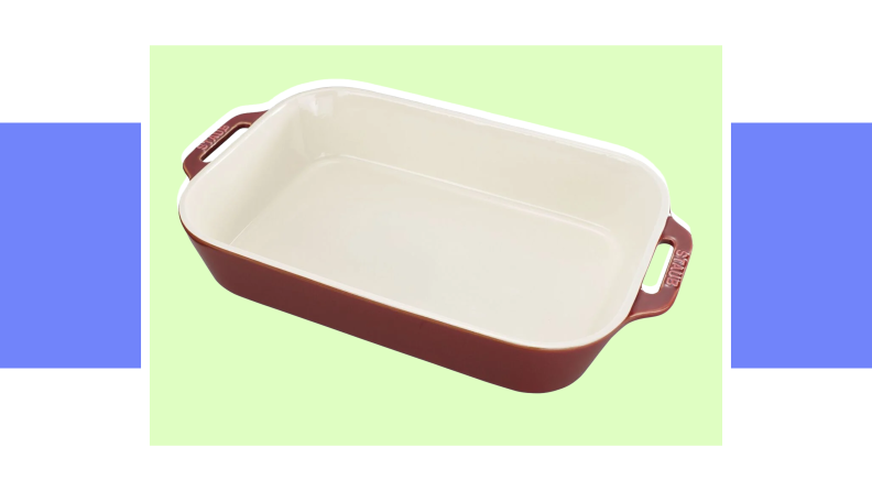 An image of a Staub rectangular baking dish in white and cherry red.