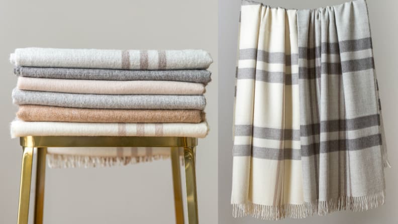 Left: Stack of folded blankets on stool; Right: Two wool blankets hanging up