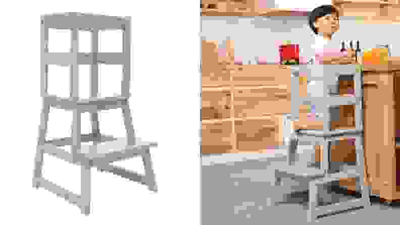 Left: A photograph of the Sdadi Adjustable Height Kitchen Step Stool against a white backdrop. Right: A young child uses the step stool.