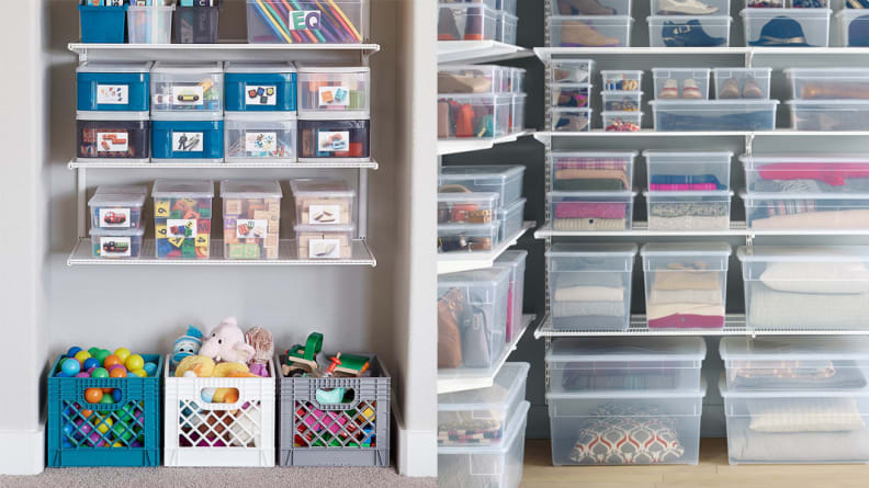Storage bins in a closet and a garage.