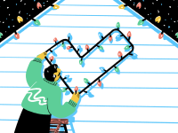 An illustration of a person hanging checkmark shaped Christmas lights on the side of a house.