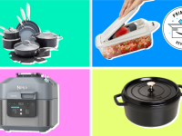 Various kitchen tools with the Prime Day Reviewed badge in front of colored backgrounds.