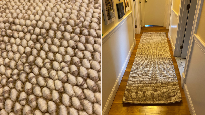 A split image of a close-up and wide view of the Anji Mountain Zatar Ribbed Loop Pile Wool and Jute Area Rug.