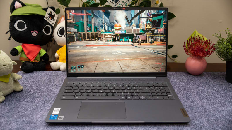 An open Lenovo Ideapad Gaming Chromebook with a game on display.