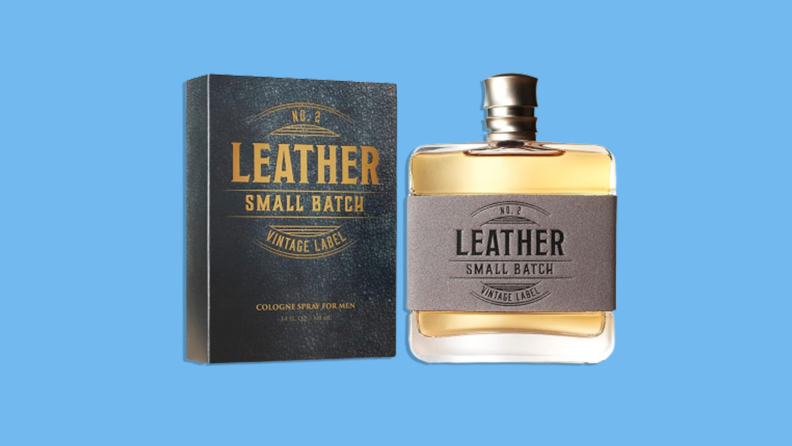 Tru Western Leather #2 Small Batch Men's Cologne on blue background.