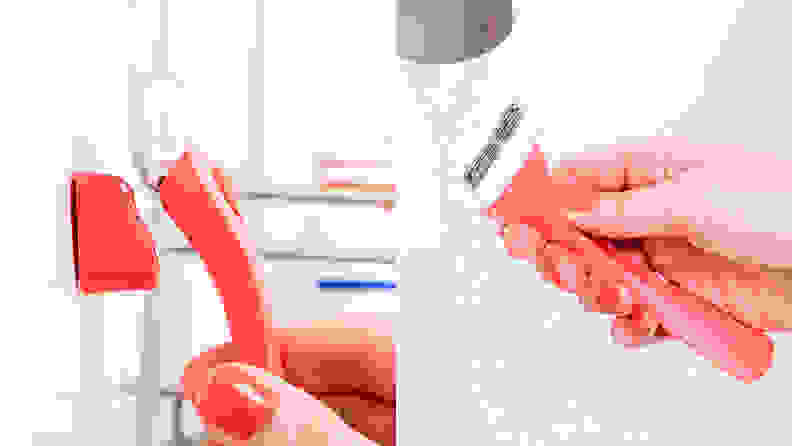 On the left: A coral Billie razor is held out in front of its magnetic holder that's stuck to a white shower wall. On the right: The coral Billie razor is held under a stream of water coming from a tub spout.
