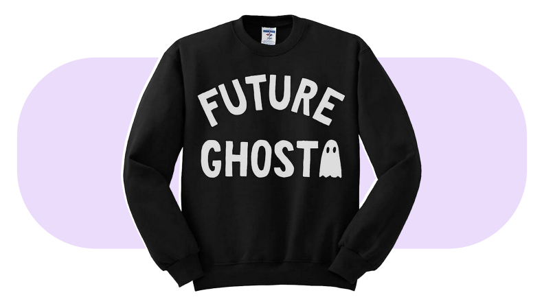 Product shot of black crewneck sweatshirt that reads "Future Ghost"