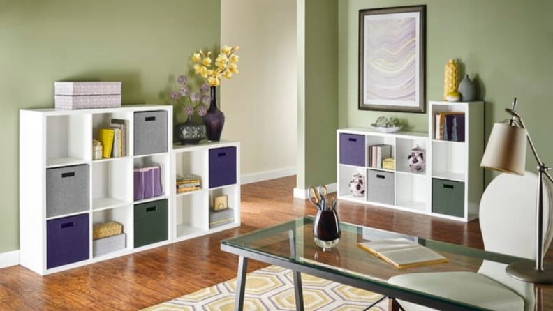 Modern living room with two cube storage organizers.