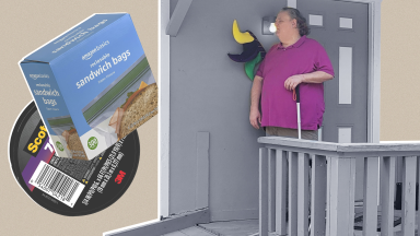 On left, Scotch tape and a box of Amazon Basics sandwich bags. On right: A man with a white cane using a jester hat to point out a stair threshold