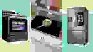 On left, LG stove with food cooking inside. In middle, skillet cooking on top of stove grates. On right, Samsung smart refrigerator.