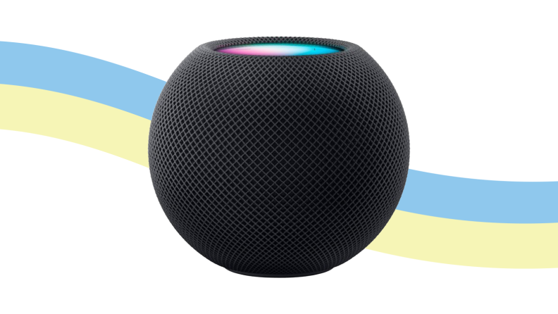 An Apple HomePod Mini on a rainbow background