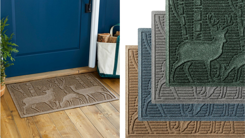 A winter-themed welcome mat with a deer.