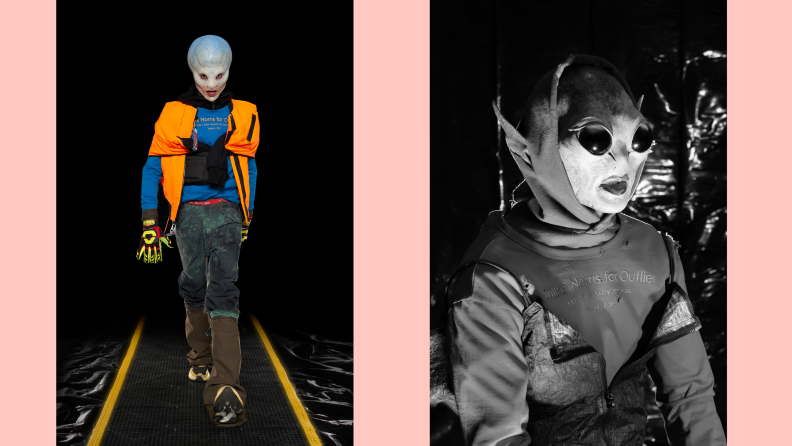 On the left is a runway image from the Outlier Fall 2023 collection, featuring a contemporary hiking outfit on a model wearing an alien mask. On the right is an image ofa model in an alien mask wearing a hoodie.