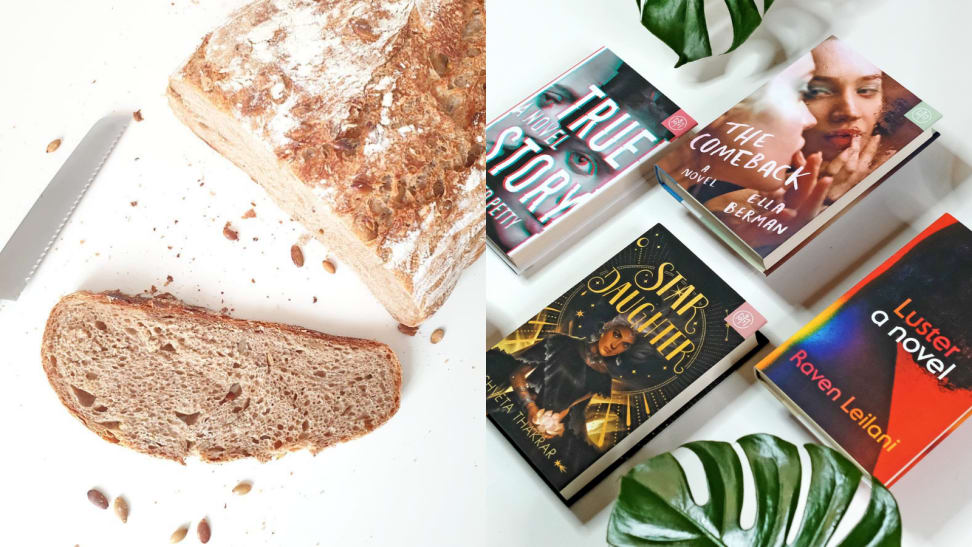 A bread loaf and five books