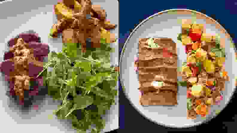 On left, Reviewed image of sliced steak with arugula salad and roasted potatoes. On right, Blue Apron photo of sliced steak with potato salad.