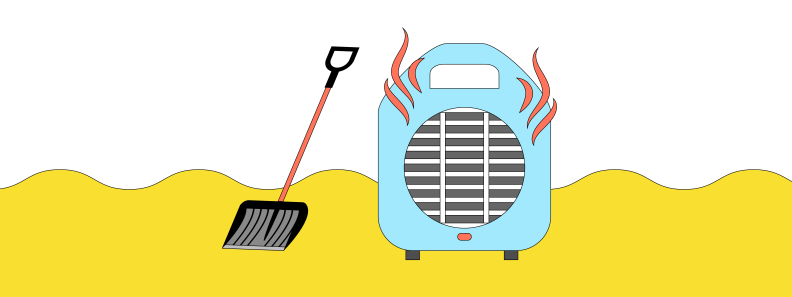 Cartoon graphic of space heater and snow shovel.