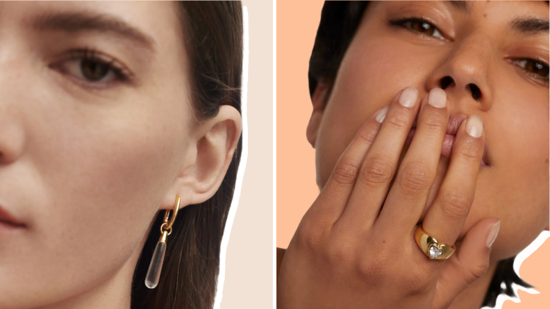 Collage of two women wearing an earring and a ring from PD Paola.