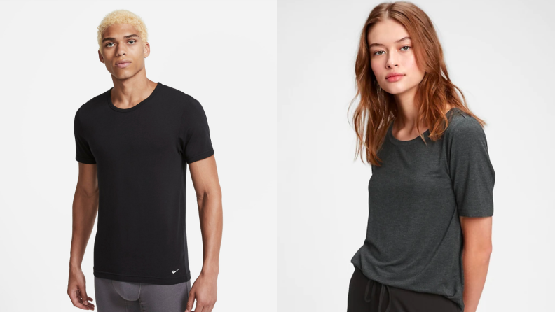 Man wearing Nike undershirt made of modal, woman wearing basic Madewell t-shirt