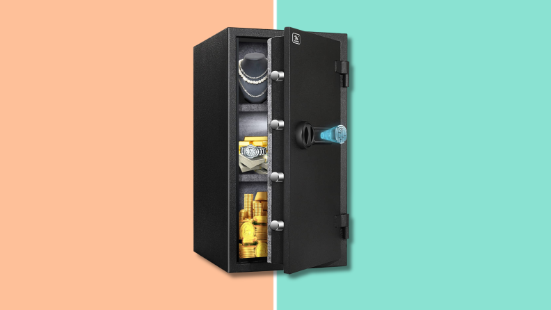 The Tigerking Fireproof Safe on an orange and teal background.