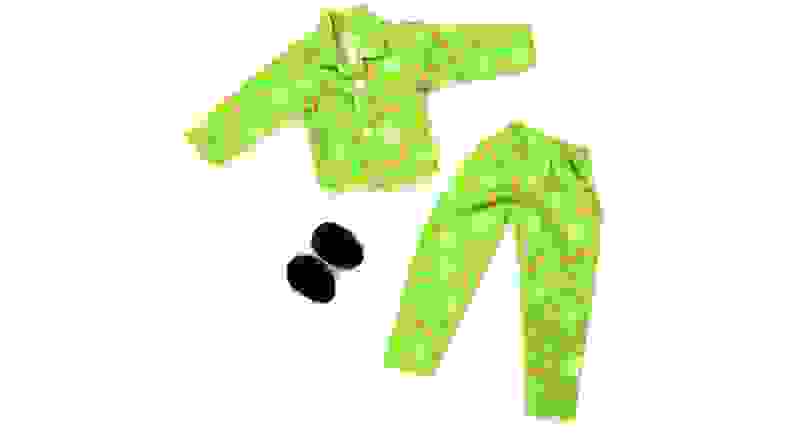 A green pajama set and black slippers.