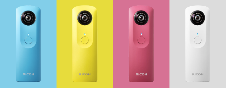 A photo of the Ricoh Theta M15 in blue, yellow, pink, and white.