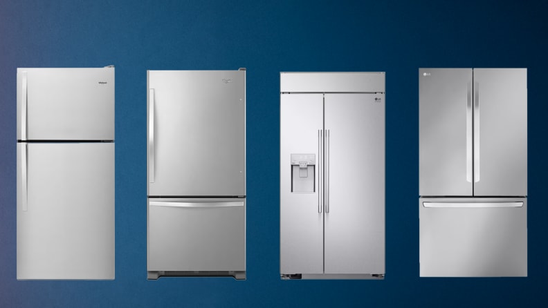 Top-freezer, bottom-freezer, side-by-side, and French door refrigerators from Whirlpool and LG on a blue background.