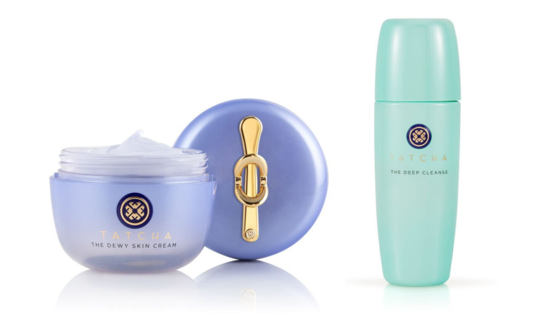 Close up of the Tatcha Dewey Skin Cream and Deep Cleanse products.