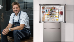 (left) Chef Curtis Stone sits outside wearing a white chef's uniform and dark striped apron. (right) An open double-door stainless steel fridge in a kitchen.