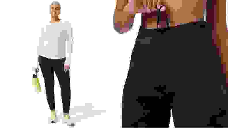 On the left, we see a model in a white long-sleeved top, black leggings, and brightly colored tennis shoes. To the right, we see another pair of leggings in close-up (a black-and-gray camouflage pattern).