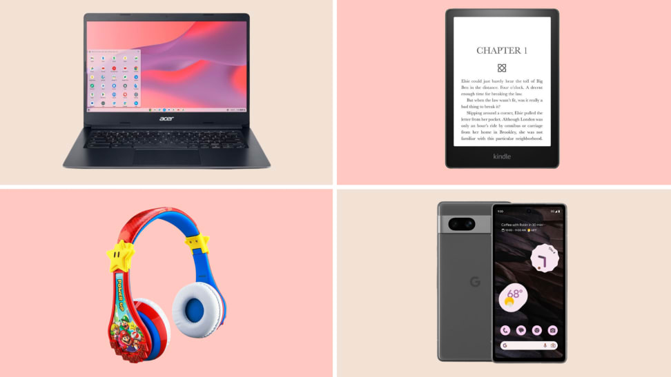 Acer laptop, Kindle Paperwhite, eKids headphones, Google Pixel 7a