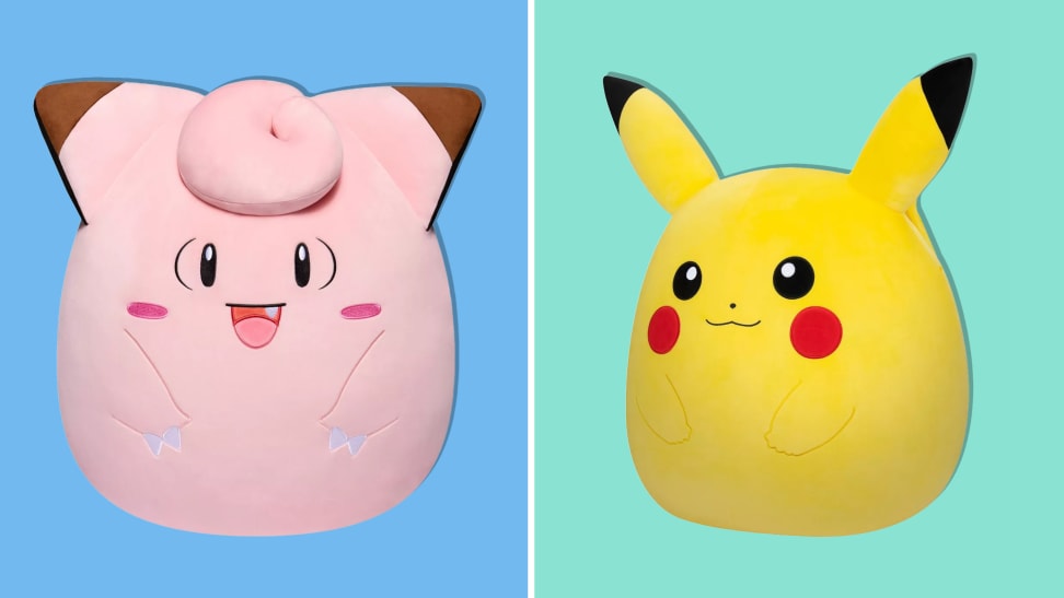 Clefairy and Pikachu Squishmallow on blue a teal background.