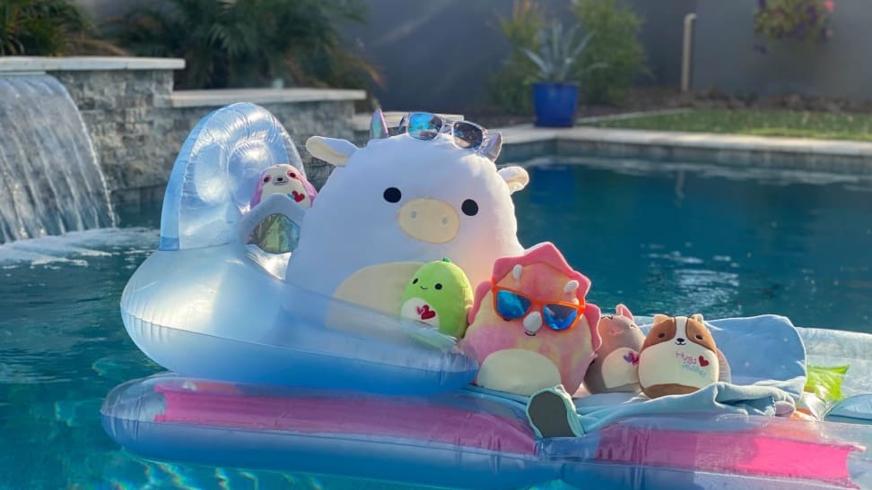 A variety of differently sized Squishmallows sit atop a pool floaty in a swimming pool