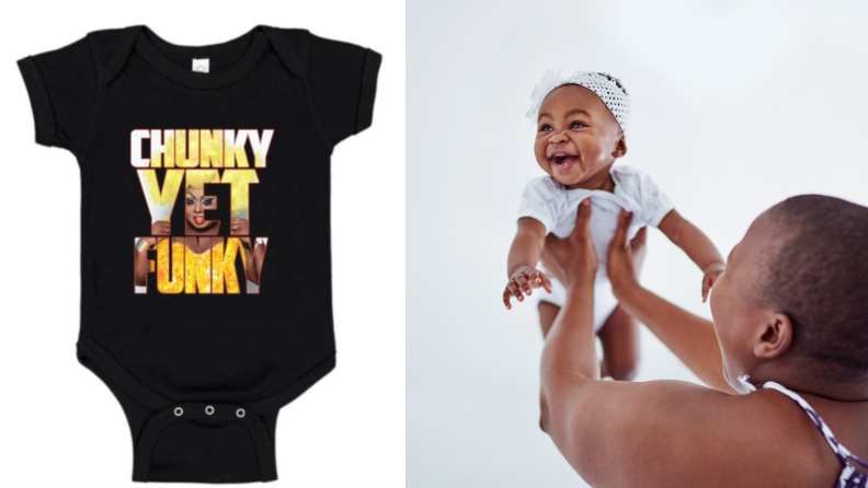 On left, black onesie that reads "Chunky yet funky." On right, woman holding smiling baby.