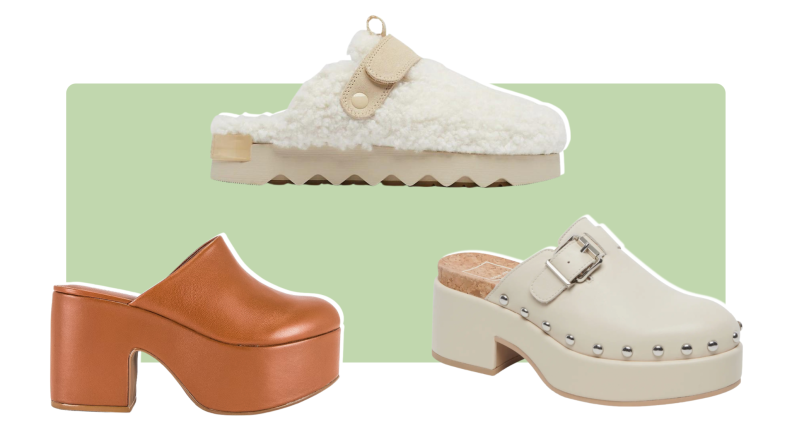 Three pairs of clogs. One is a flat version with shearling, and two platform leather options.
