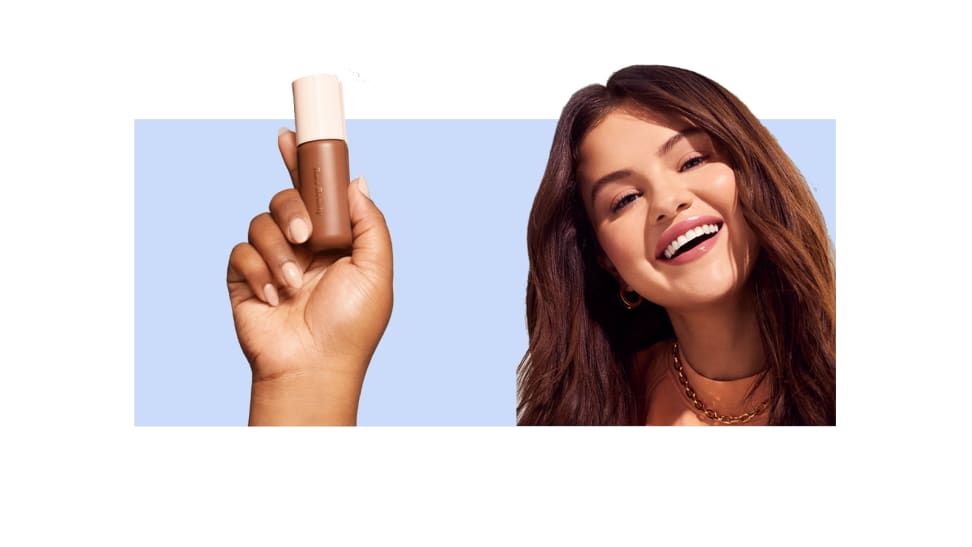 Selena Gomez holding the Rare Beauty Positive Light Tinted Moisturizer SPF 20.