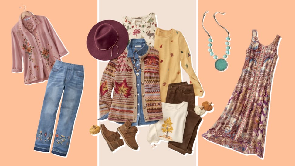 Flat lay of Coldwater Creek clothing from the early fall collection, featuring cozy layers, embroidered details, and rich seasonal colors like burgundy, teal, and golden yellow.
