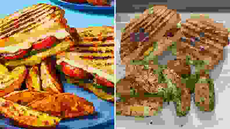 On left, an EveryPlate photo of Charred Zucchini & Tomato Melts on blue background. On right, Reviewed image of the recipe.