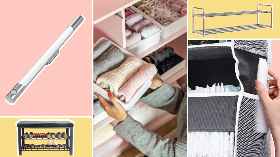 On right, motion sensor light panel and black shoe rack with bench. In middle, person storing away folded sweaters in storage container in closet. On right, plastic shoe rack and person sliding moisturizer into over-the-door shoe organizer.