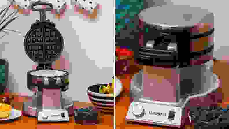 On left, Cuisinart WAF-F20 waffle maker on table, next to fruit and waffle on plates. On right, close up shot of the On left, Cuisinart WAF-F20 waffle maker.