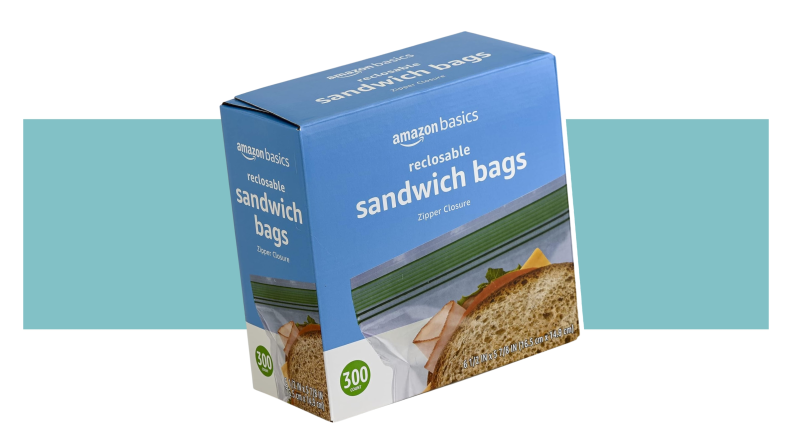 A package of Amazon Basics sandwich bags on a colorful background