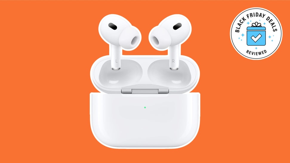 A pair of Airpod Pro bluetooth earbuds on a red background featuring an icon with the words black Friday.