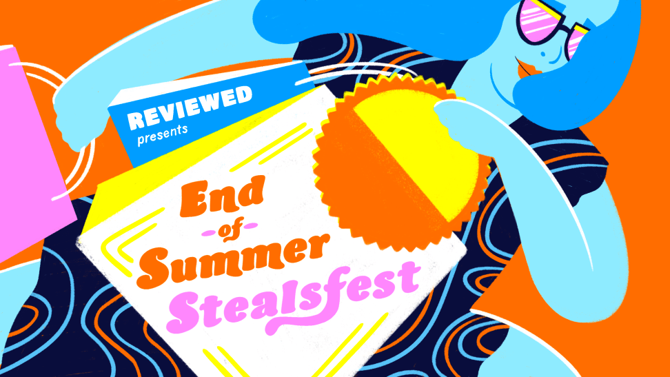 Illustration of a person holding a shopping bag with the words "End oof Summer Stealsfest" on it.
