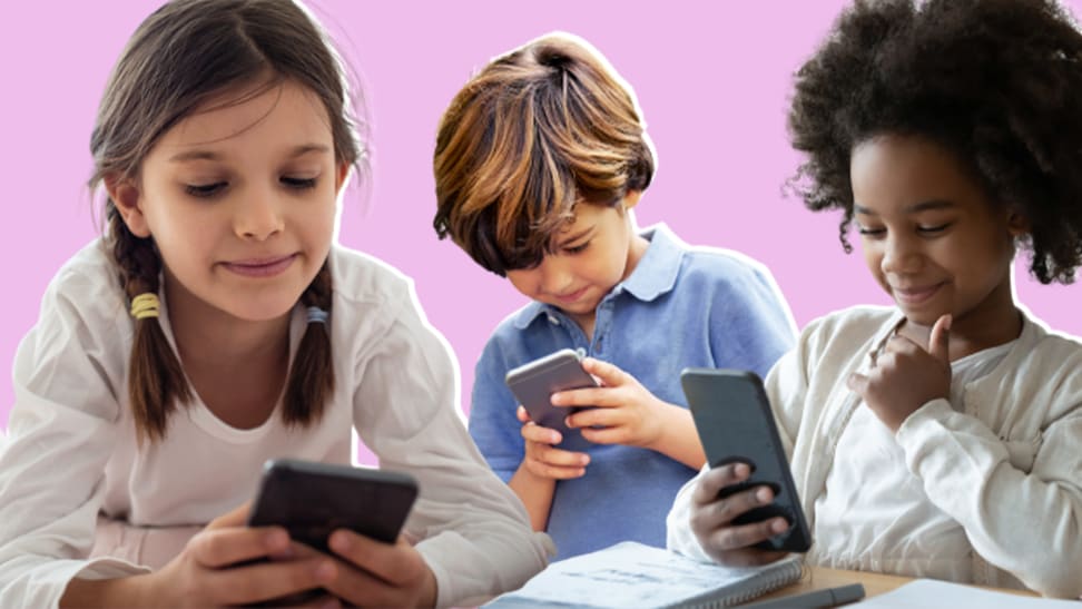 Three children engaging with their cell phones.