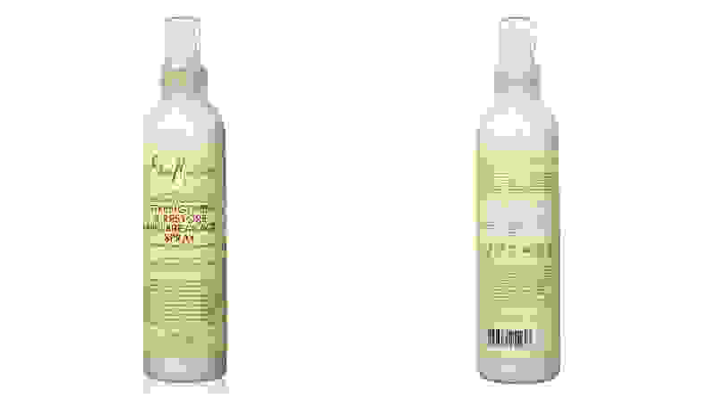 On the left: The front of a spray bottle with a light yellow label. On the right: The back of the same bottle.