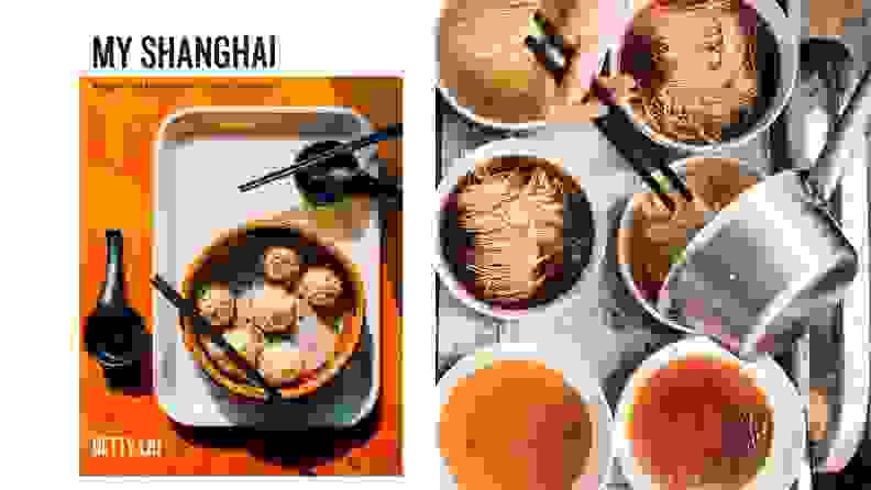 :eft: A photo of the cookbook, My Shanghai. Right: An overhead photo of various bowls filled with ingredients to be used for cooking.