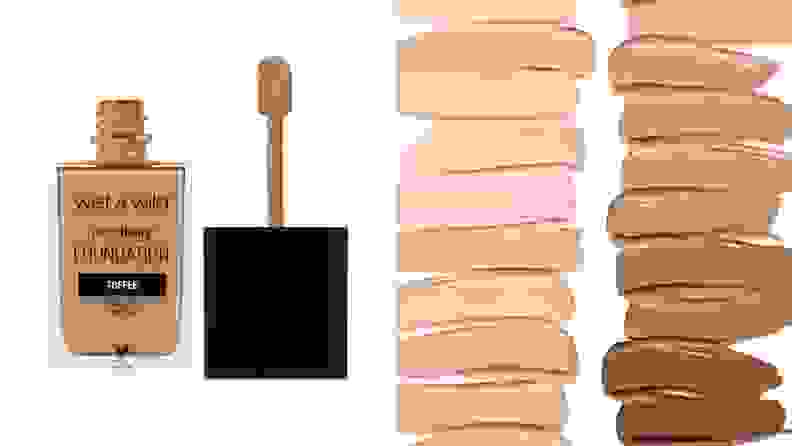 On the left, the Wet n Wild PhotoFocus Liquid Foundation in a medium shade stands on a white background with the cap off to expose a spatula-like applicator. On the right, every shade of the foundation is swatched on a white background in two columns.