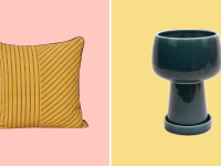 A yellow throw pillow against a pink background and a blue ceramic planter pot against a yellow background