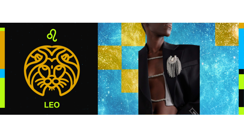 On the left is the symbol for Leo, and on the right is a model wearing a black blazer with a large crystal brooch.